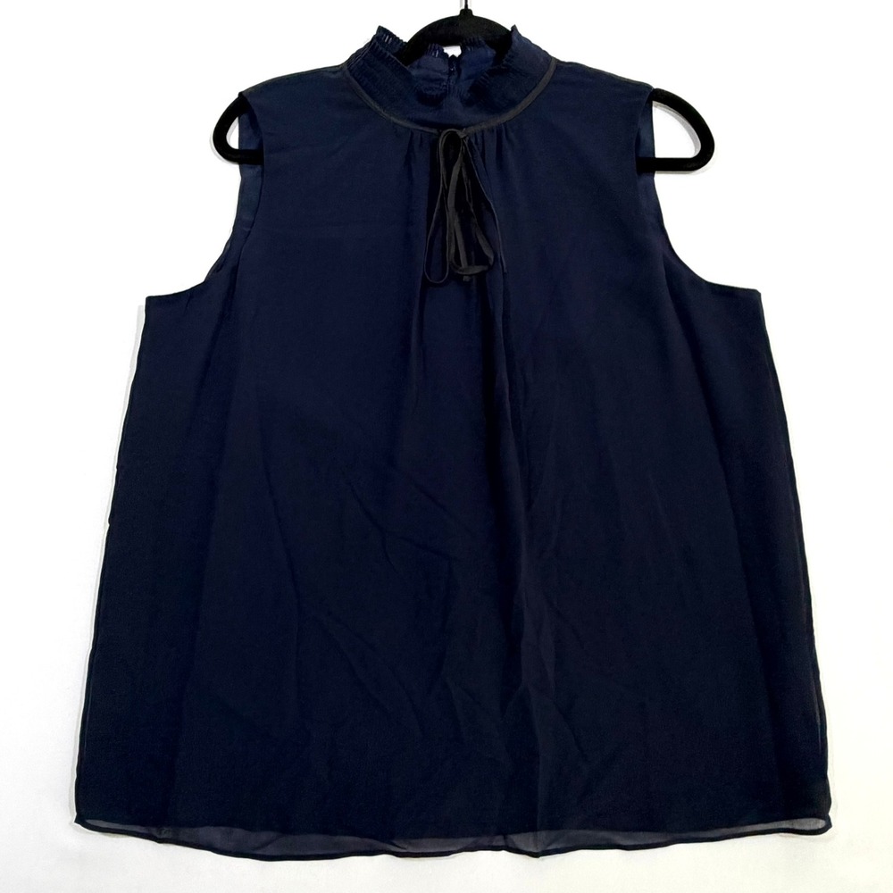 Karl Lagerfeld Paris Blouse Smocked Tie Neck Chiffon Navy Blue Womens Large NWT